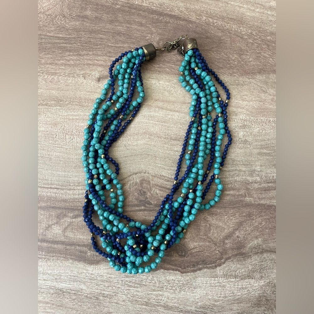 Turquoise & Navy Fasion Necklace Bold Cluster Glass Beaded Antique Toned Metal